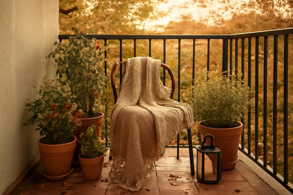 Small balcony with potted plants, blanket, and lantern in autumn light