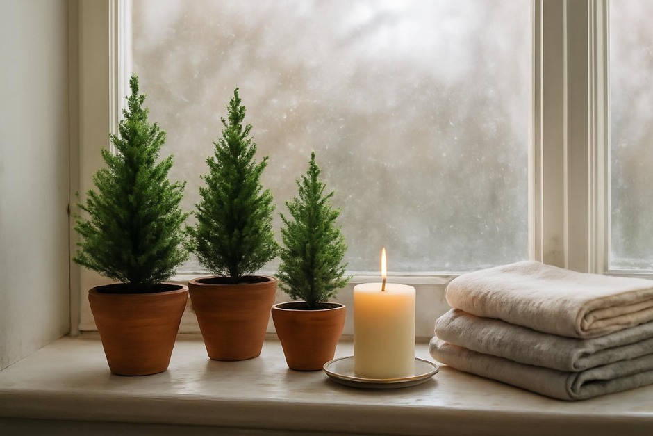 A windowsill with small potted evergreens, a candle, and folded linens by a frost-speckled glass
