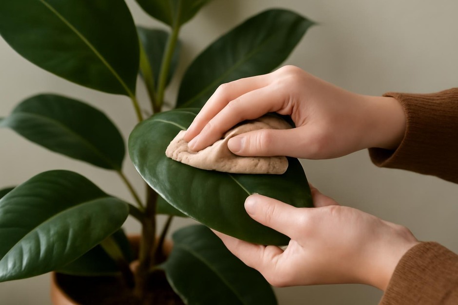 Person gently wiping a large glossy houseplant leaf with a soft cloth
