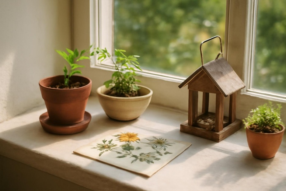 A sunlit windowsill with small pots, pressed flowers, and a tiny bird feeder