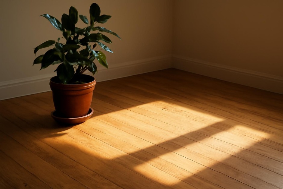 Sunlight patch on a wooden floor beside a potted plant as the sun moves during the day