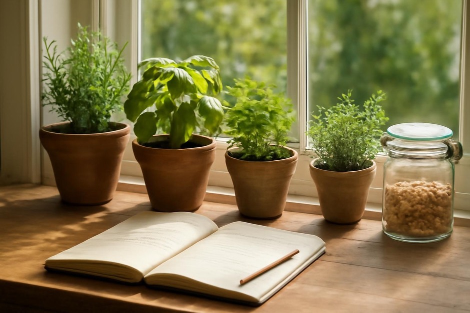 Sunlit windowsill with potted herbs and a notebook for observations