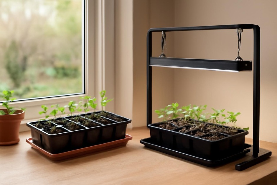 Seed trays on a sunny windowsill and an indoor grow light rig