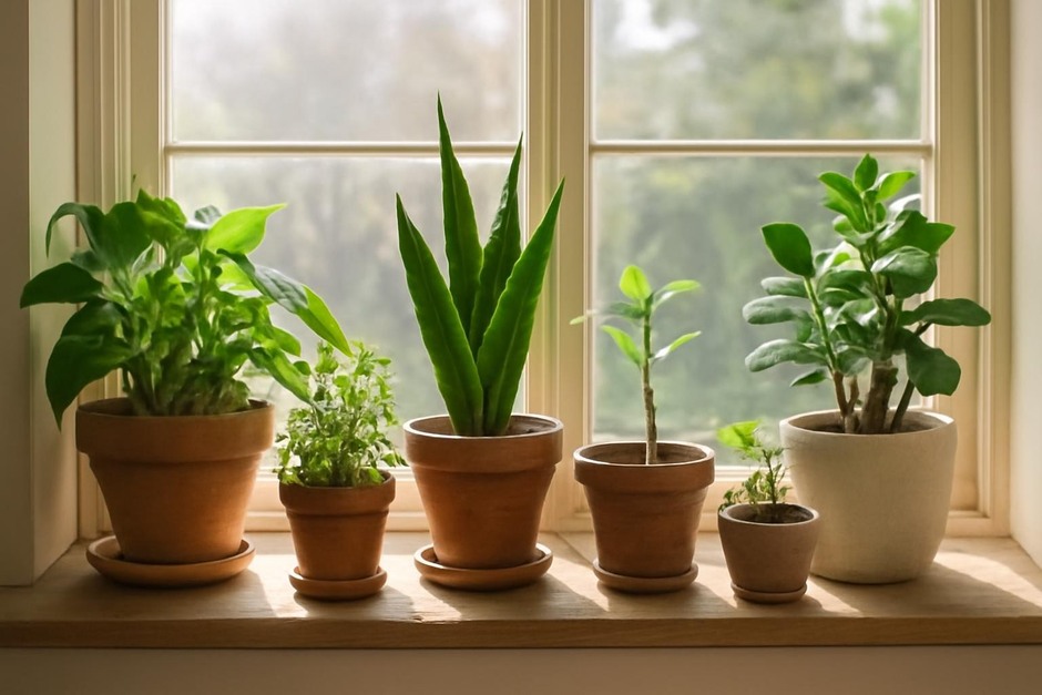 Windowsill with assorted houseplants receiving gentle spring light